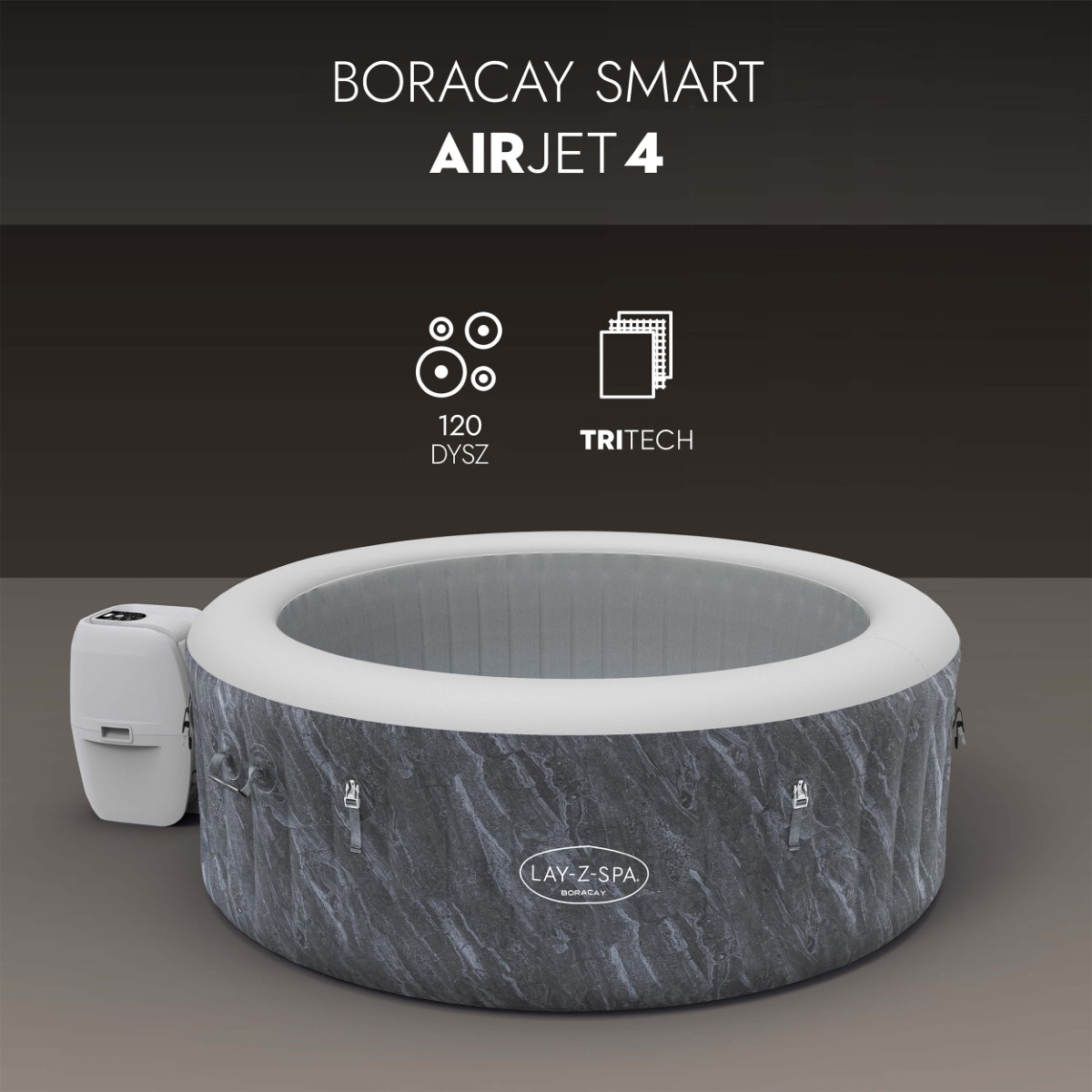 Okrągłe jacuzzi Lay-Z-Spa Boracay Smart z widoczną pompą boczną oraz ikonami informującymi o 120 dyszach AirJet i wykonaniu z materiału Tritech.